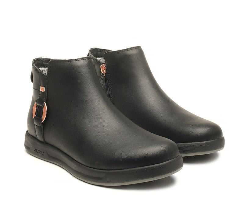 Side by side view of KURU Footwear TEMPO Women's Ankle Boot in JetBlack-RoseGold