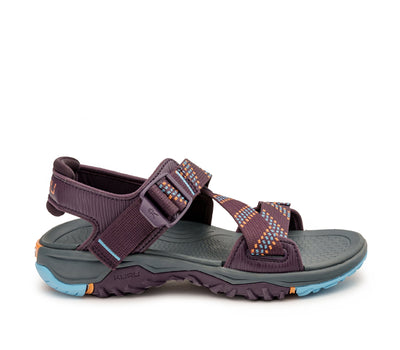 Outside profile details on the KURU Footwear CURRENT Women's Sandal in Plum-AquaticBlue