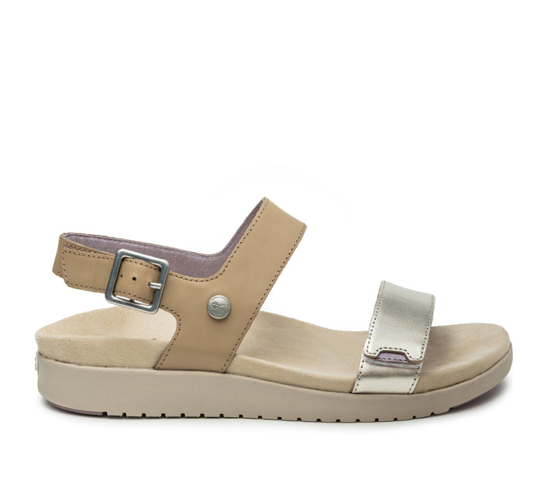 Outside profile details on the KURU Footwear GLIDE Women's Sandal in Taupe-Metallic