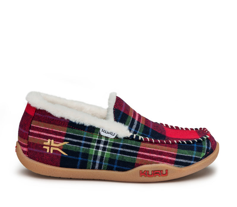 Outside profile details on the KURU Footwear LOFT Women's Slipper in Plaid-Gum