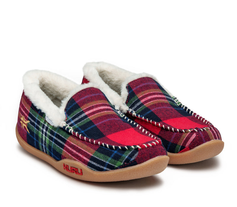 Side by side view of KURU Footwear LOFT Women's Slipper in Plaid-Gum