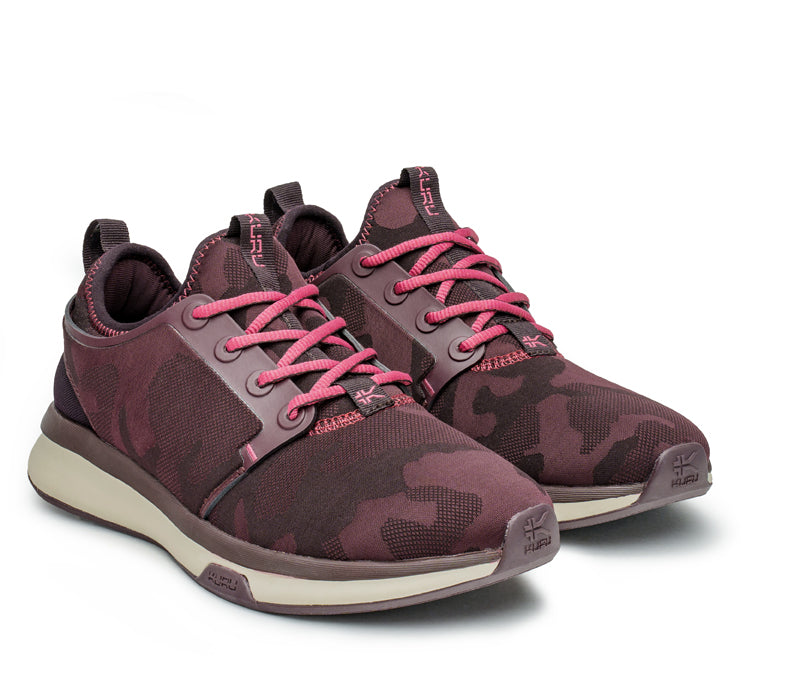 Side by side view of KURU Footwear ATOM Women's Athletic Sneaker in CamoWine-PinkSorbet