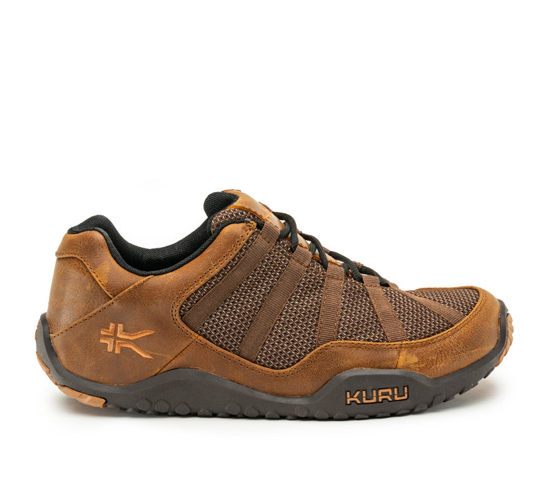 Outside profile details on the KURU Footwear CHICANE WIDE Men's Trail Hiking Shoe in MustangBrown-ToffeeBrown