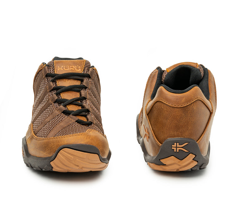 Front and back view on KURU Footwear CHICANE WIDE Men's Trail Hiking Shoe in MustangBrown-ToffeeBrown