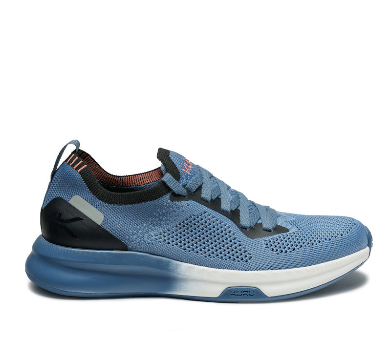 Outside profile details on the KURU Footwear FLUX Women's Sneaker in MineralBlue-Black