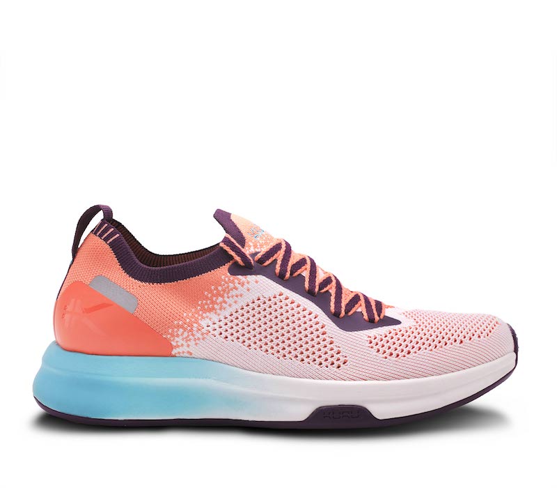 Outside profile details on the KURU Footwear FLUX Women's Sneaker in OrangeSherbet-CalypsoBlue