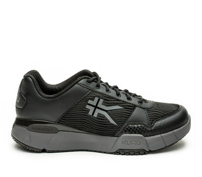 Outside profile details on the KURU Footwear QUANTUM WIDE Men's Fitness Sneaker in JetBlack-SlateGray