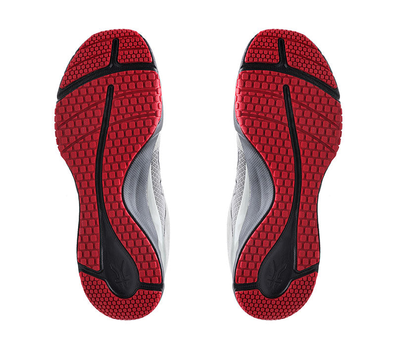 Detail of the sole pattern on the KURU Footwear QUANTUM Men's Fitness Sneaker in Tungsten-CardinalBlack