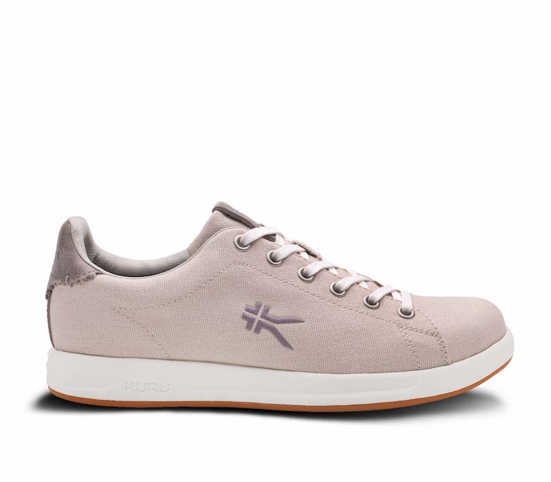 Outside profile details on the KURU Footwear ROAM Women's Classic Court Sneaker in Sand