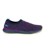 Outside profile details on the KURU Footwear STRIDE Women's Slip-on Sneaker in MidnightBlue-ElectricGrape