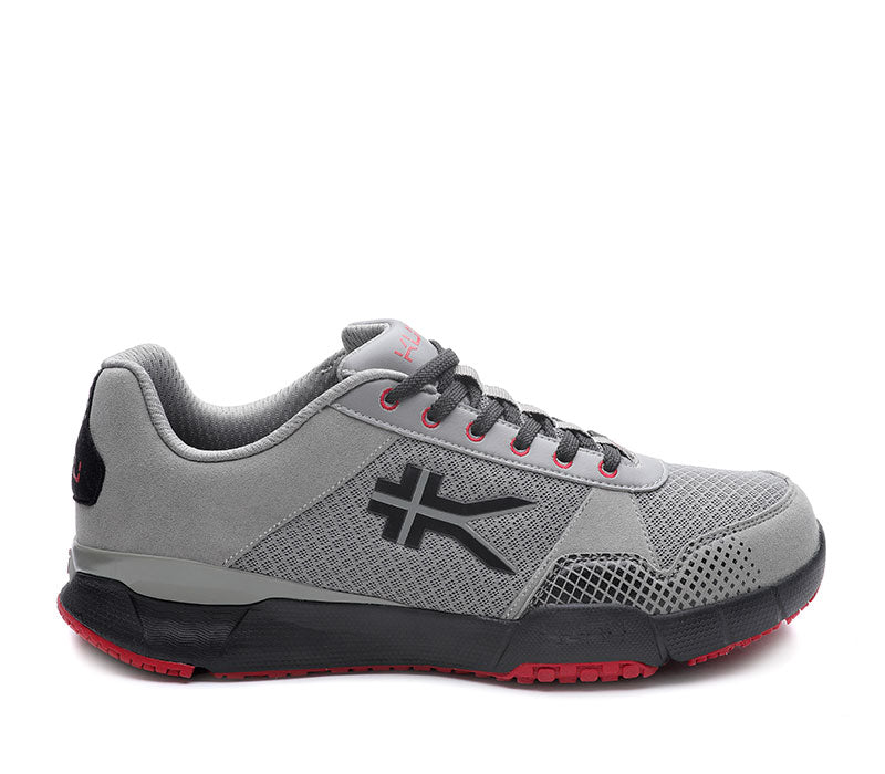 Outside profile details on the KURU Footwear QUANTUM Men's Fitness Sneaker in Tungsten-CardinalBlack