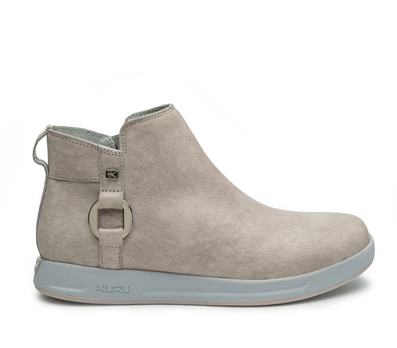 Outside profile details on the KURU Footwear TEMPO Women's Ankle Boot in WarmGray-Nickel