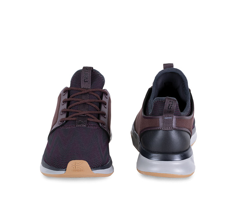 Front and back view on KURU Footwear ATOM Women's Athletic Sneaker in WinePurple-StormGray-BlackShadow