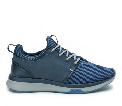 Outside profile details on the KURU Footwear ATOM WIDE Men's Athletic Sneaker in MidnightBlue-StormGray